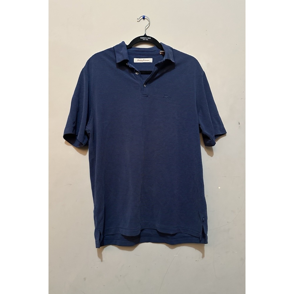 Tommy Bahama Polo Shirt Mens M Blue Striped Camp Casual Short Sleeves